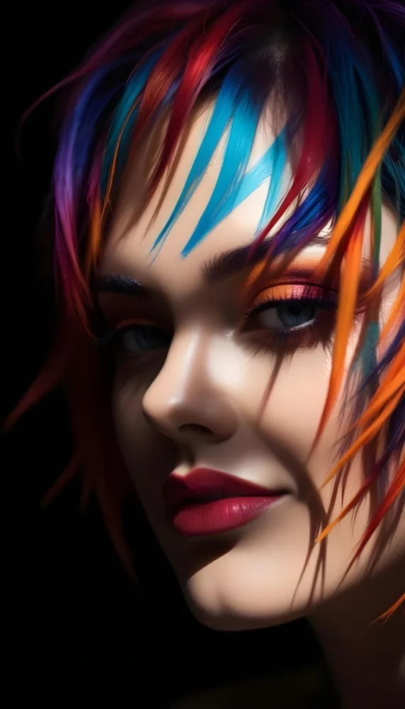 Digital Painting A Close Up Portrait Of A Woman With Vibrant Colorful Hair And Dramatic Makeup The Background Is Blurred And Abstract With Streaks Of Warm And Cool Tones Bold And Slim Lines Brush Strokes 16 347d