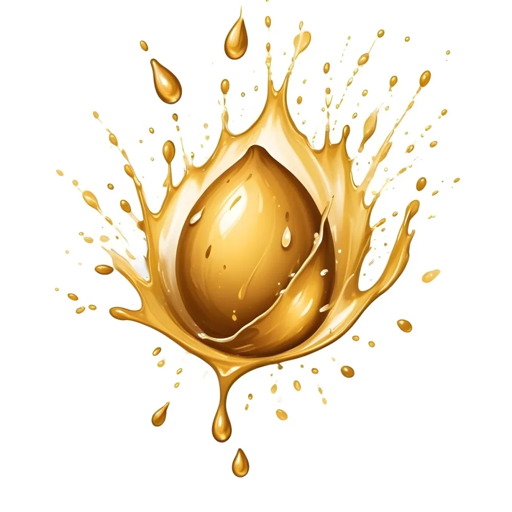 Digital Painting A Golden Almond Surrounded By A Splash Of Golden Liquid The Liquid Forms Droplets And Splashes Around The Almond The Background Is Plain White Bold And Slim Lines Brush Strokes 15 1a5c