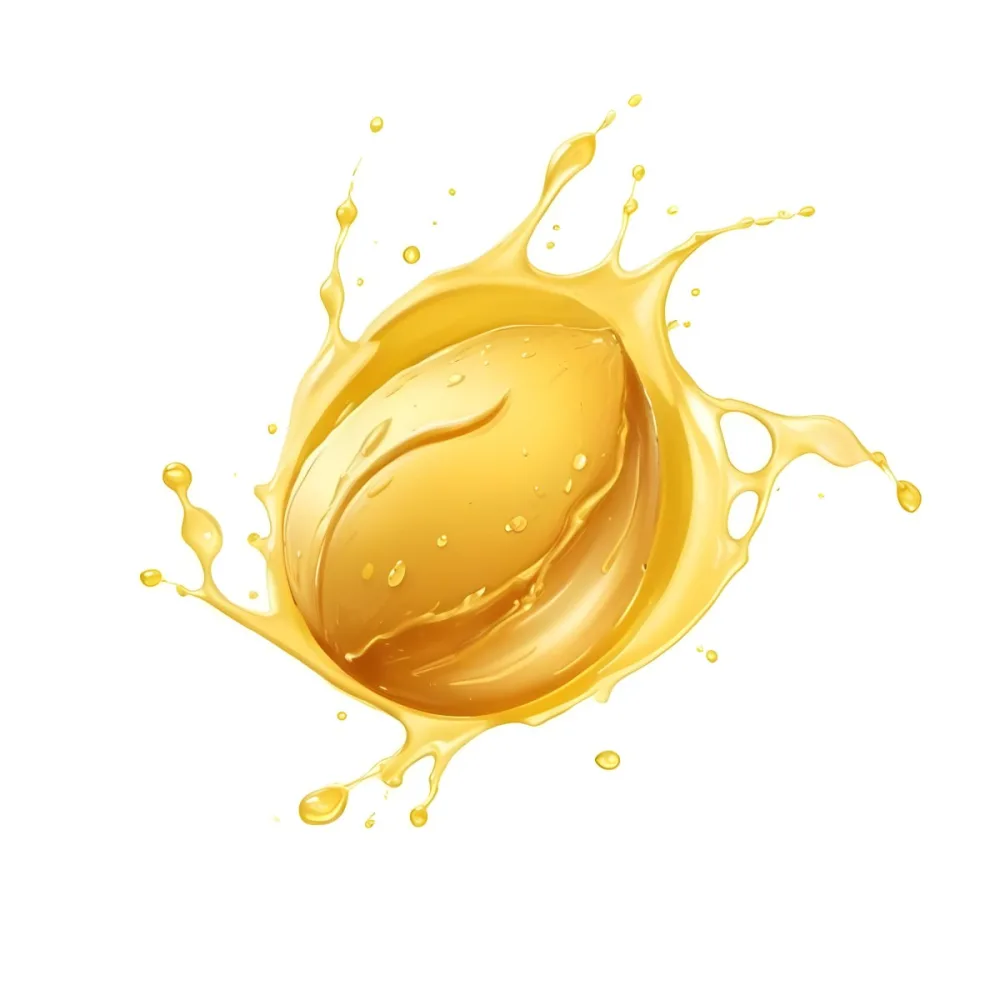 Digital Painting A Golden Almond Surrounded By A Splash Of Golden Liquid The Liquid Forms Droplets And Splashes Around The Almond The Background Is Plain White Bold And Slim Lines Brush Strokes 7 Ccfb