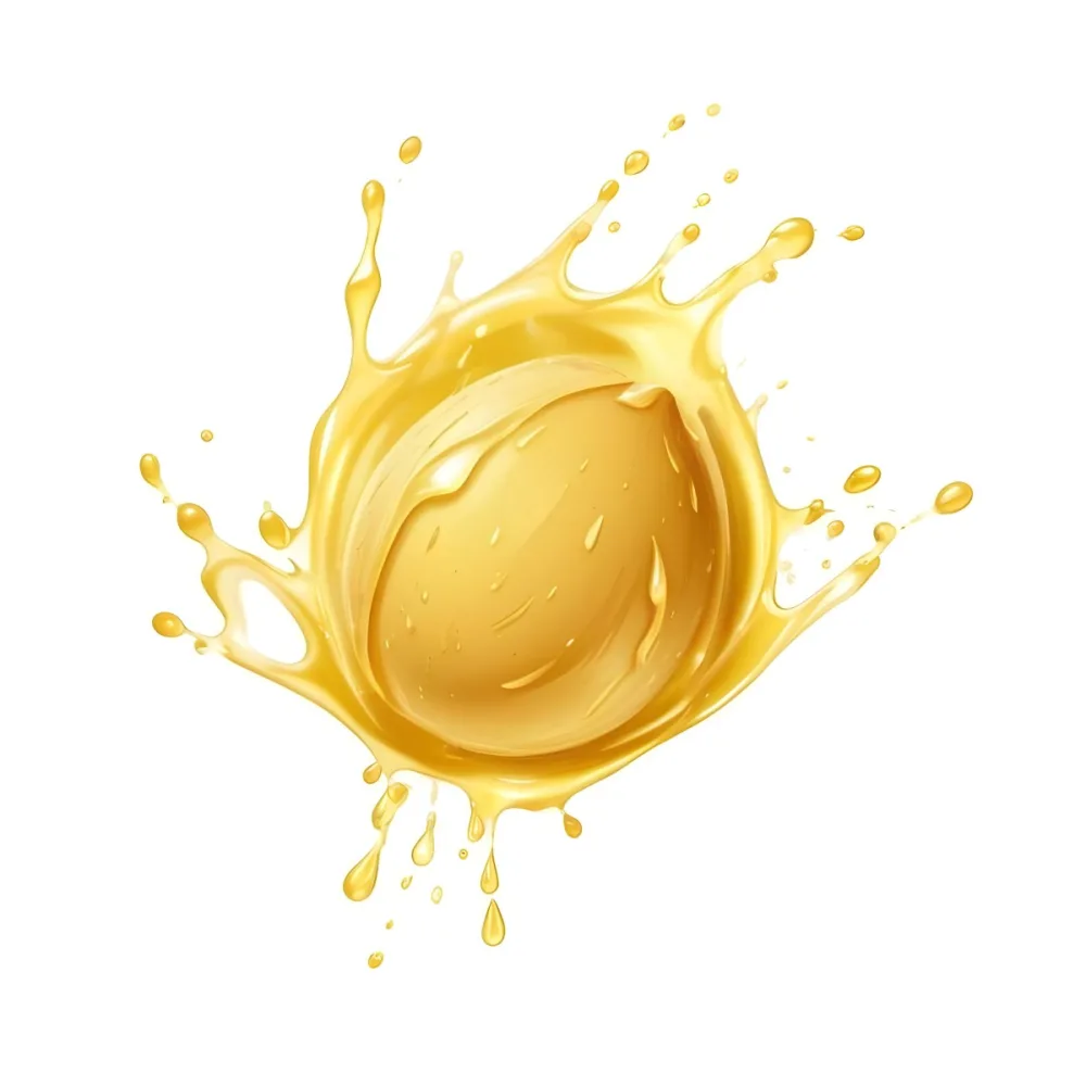 Digital Painting A Golden Almond Surrounded By A Splash Of Golden Liquid The Liquid Forms Droplets And Splashes Around The Almond The Background Is Plain White Bold And Slim Lines Brush Strokes 9 D718