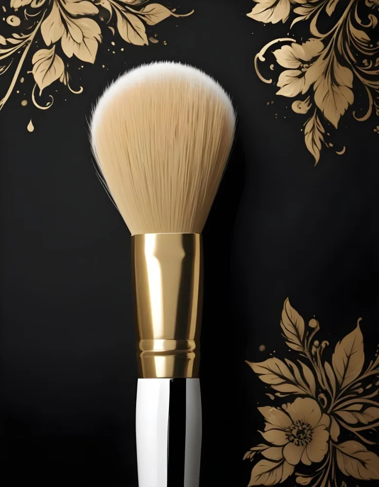 Digital Painting A Golden Makeup Brush With A White Ring And A Golden Handle With Black Floral Ornaments On A Black Background Bold And Slim Lines Brush Strokes 10 Af6c
