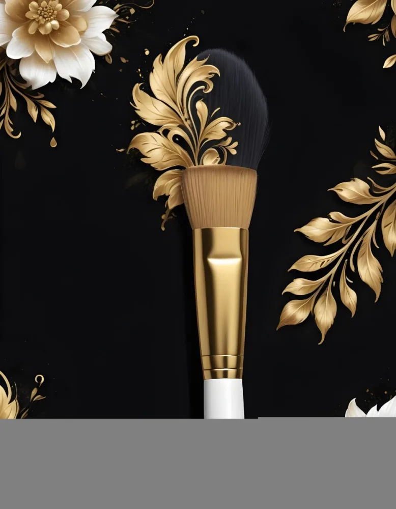 Digital Painting A Golden Makeup Brush With A White Ring And A Golden Handle With Black Floral Ornaments On A Black Background Bold And Slim Lines Brush Strokes 9 7261