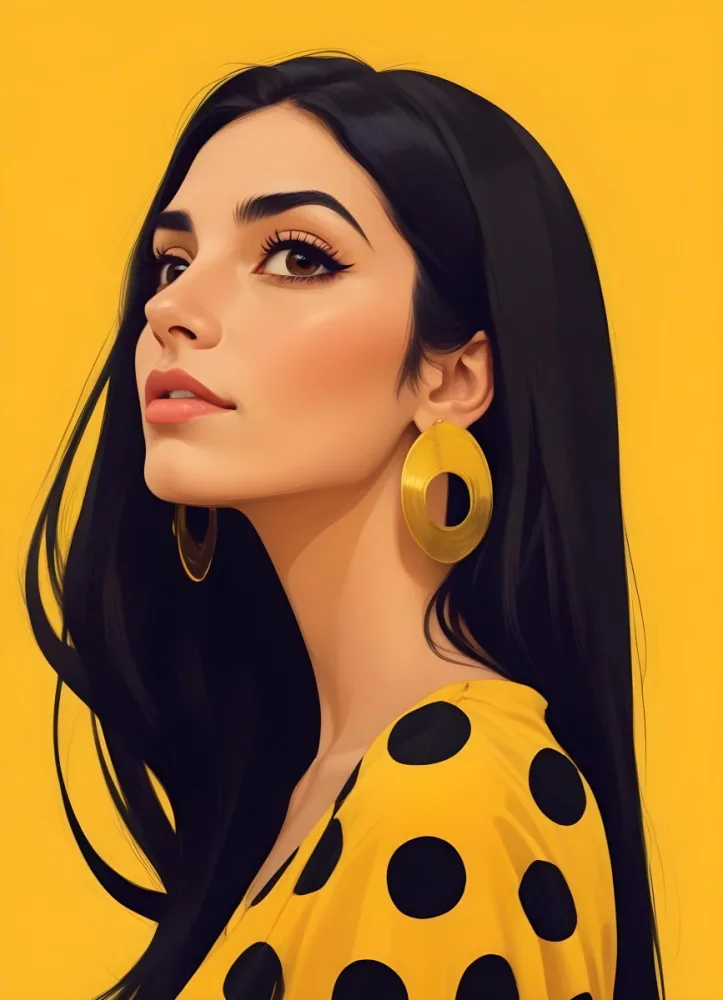 Digital Painting A Middle Eastern Woman 25 Years Old Long Black Hair Wearing A Yellow Polka Dot Dress And Golden Earrings On A Yellow Background Bold And Slim Lines Brush Strokes 15 B70f