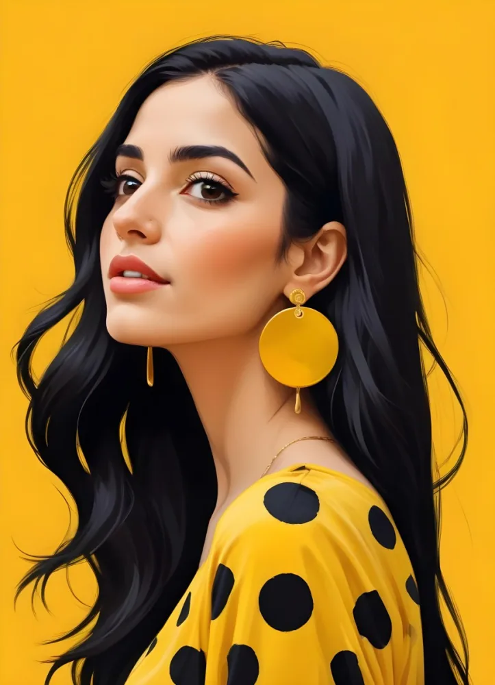 Digital Painting A Middle Eastern Woman 25 Years Old Long Black Hair Wearing A Yellow Polka Dot Dress And Golden Earrings On A Yellow Background Bold And Slim Lines Brush Strokes 16 F86f