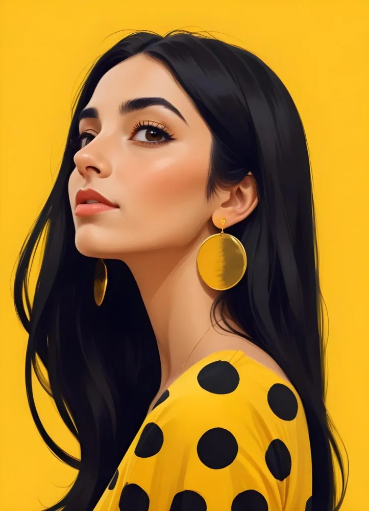 Digital Painting A Middle Eastern Woman 25 Years Old Long Black Hair Wearing A Yellow Polka Dot Dress And Golden Earrings On A Yellow Background Bold And Slim Lines Brush Strokes 18 E997