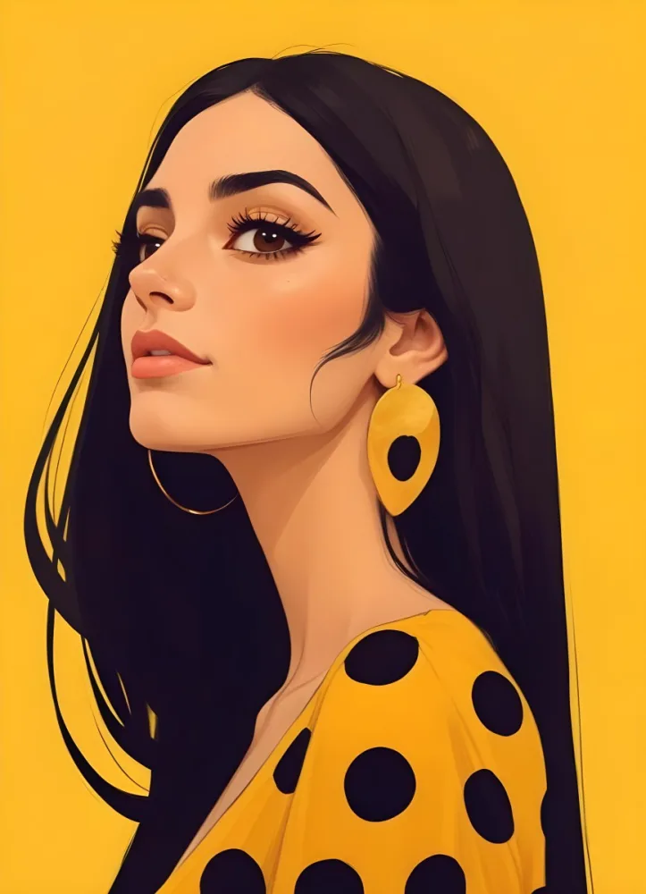 Digital Painting A Middle Eastern Woman 25 Years Old Long Black Hair Wearing A Yellow Polka Dot Dress And Golden Earrings On A Yellow Background Bold And Slim Lines Brush Strokes 20 5a58