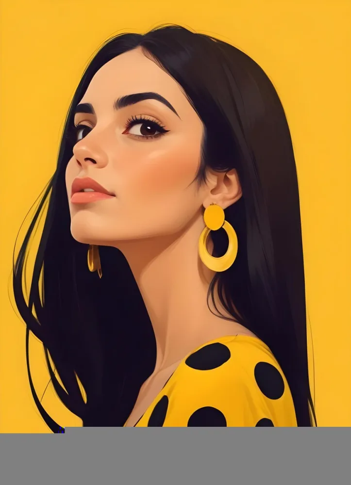 Digital Painting A Middle Eastern Woman 25 Years Old Long Black Hair Wearing A Yellow Polka Dot Dress And Golden Earrings On A Yellow Background Bold And Slim Lines Brush Strokes 49 E2d4