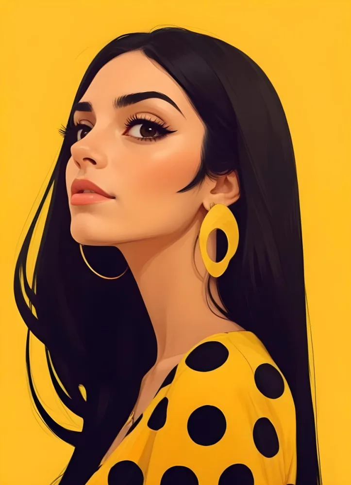 Digital Painting A Middle Eastern Woman 25 Years Old Long Black Hair Wearing A Yellow Polka Dot Dress And Golden Earrings On A Yellow Background Bold And Slim Lines Brush Strokes 51 3156