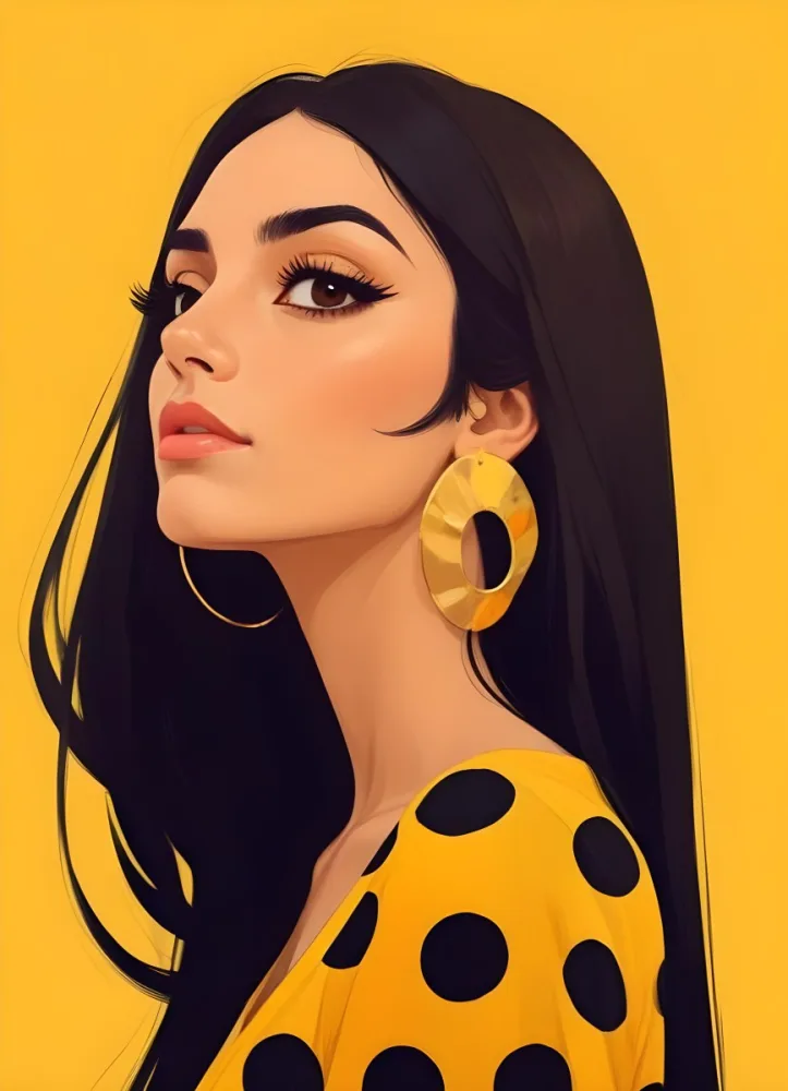 Digital Painting A Middle Eastern Woman 25 Years Old Long Black Hair Wearing A Yellow Polka Dot Dress And Golden Earrings On A Yellow Background Bold And Slim Lines Brush Strokes 52 4ad7