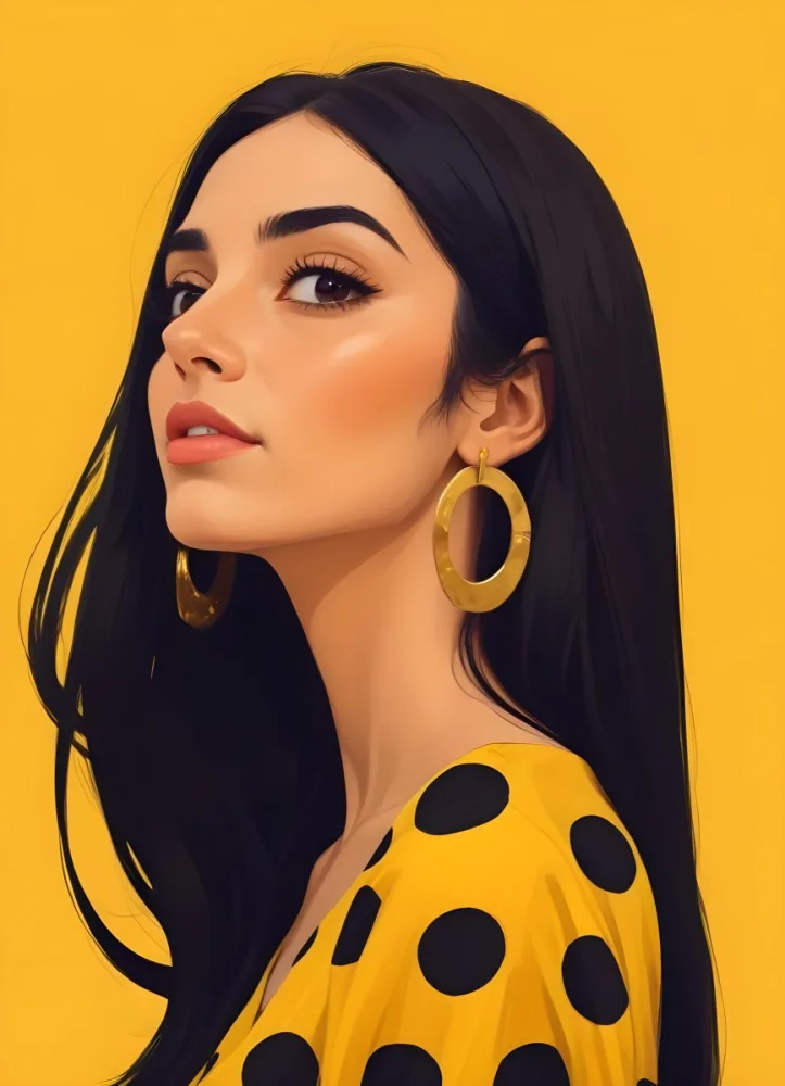 Digital Painting A Middle Eastern Woman 25 Years Old Long Black Hair Wearing A Yellow Polka Dot Dress And Golden Earrings On A Yellow Background Bold And Slim Lines Brush Strokes 54 Fbc8