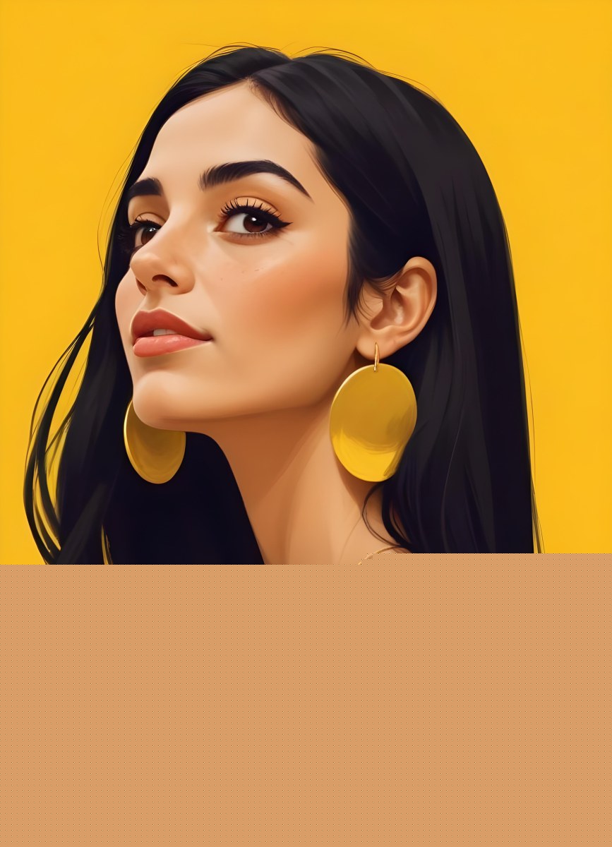 Digital Painting A Middle Eastern Woman 25 Years Old Long Black Hair Wearing A Yellow Polka Dot Dress And Golden Earrings On A Yellow Background Bold And Slim Lines Brush Strokes 60 2752