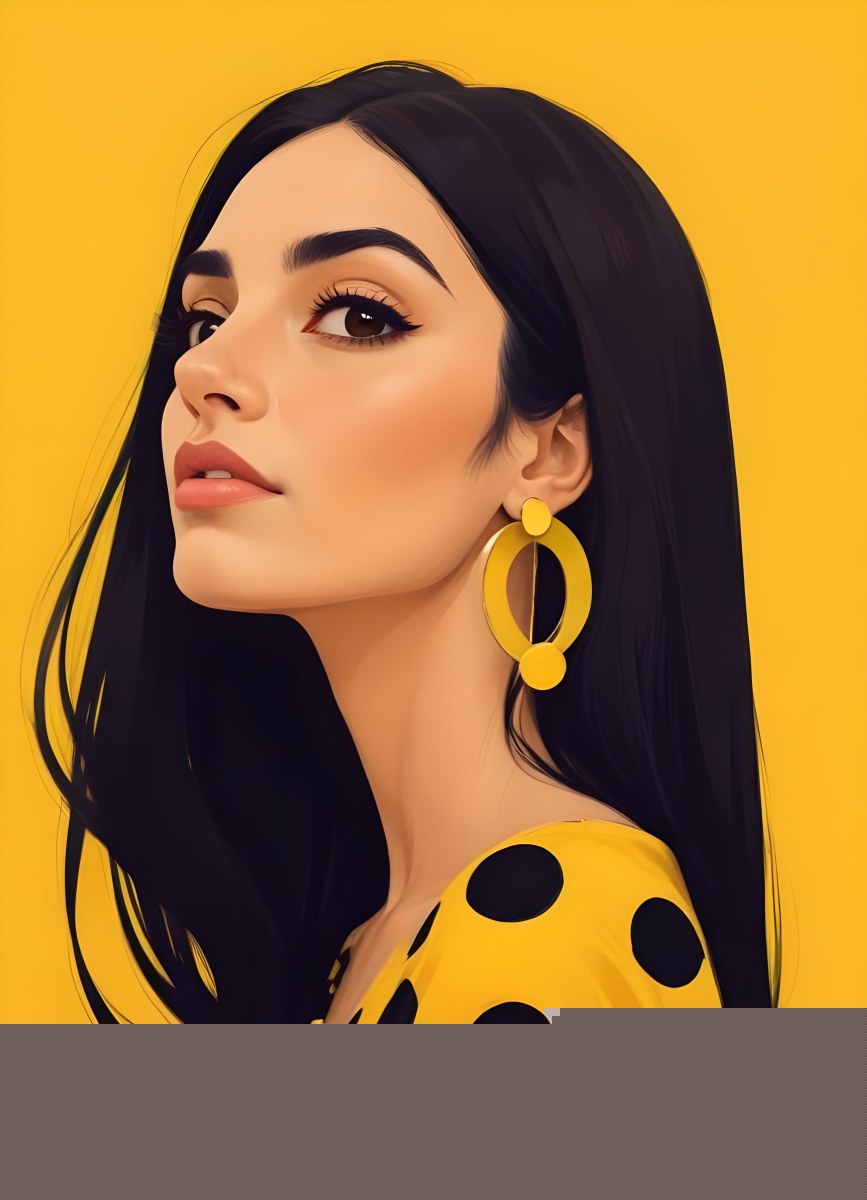 Digital Painting A Middle Eastern Woman 25 Years Old Long Black Hair Wearing A Yellow Polka Dot Dress And Golden Earrings On A Yellow Background Bold And Slim Lines Brush Strokes 62 49ca