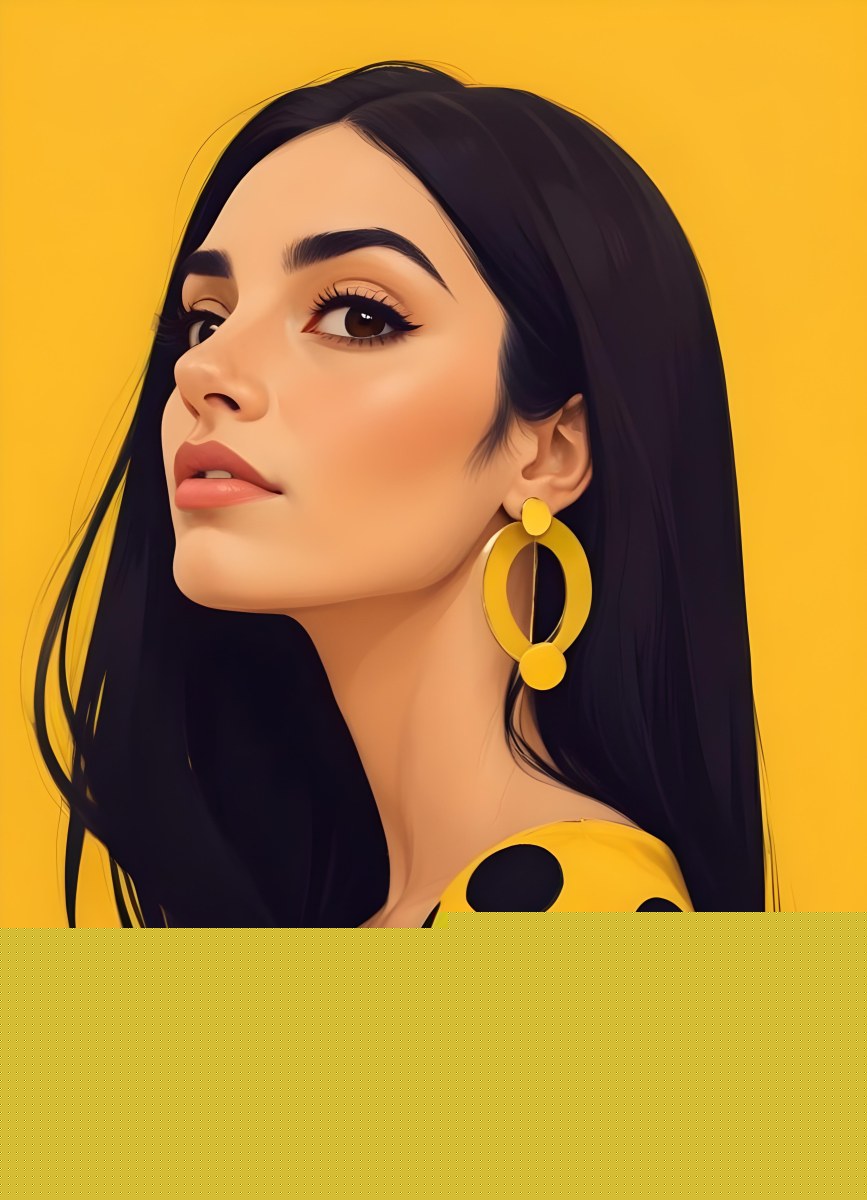 Digital Painting A Middle Eastern Woman 25 Years Old Long Black Hair Wearing A Yellow Polka Dot Dress And Golden Earrings On A Yellow Background Bold And Slim Lines Brush Strokes 64 E825