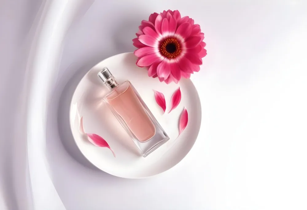 Digital Painting A Perfume Bottle On A White Plate With A White Flower And Petals On A White Background Bold And Slim Lines Brush Strokes 64 8774