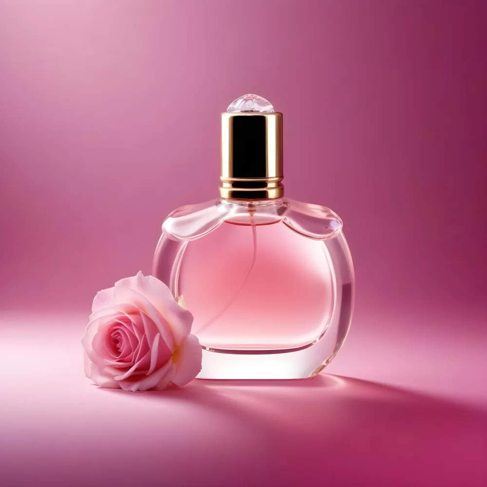 Digital Painting A Perfume Bottle With A Pink Rose On A Pink Background The Bottle Is Made Of Glass And Has A Gold Cap The Rose Is A Light Pink Color Bold And Slim Lines Brush Strokes 23 3761