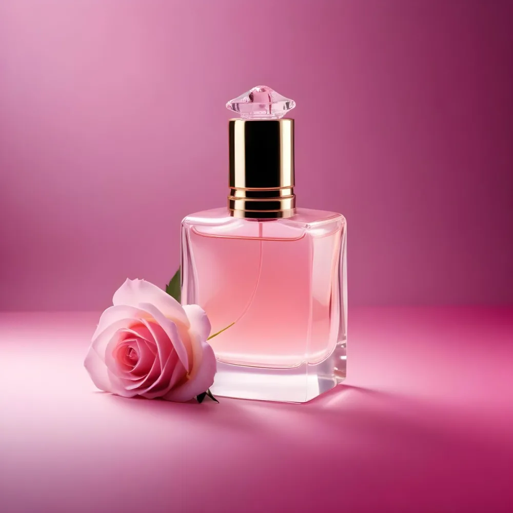 Digital Painting A Perfume Bottle With A Pink Rose On A Pink Background The Bottle Is Made Of Glass And Has A Gold Cap The Rose Is A Light Pink Color Bold And Slim Lines Brush Strokes 29 483b