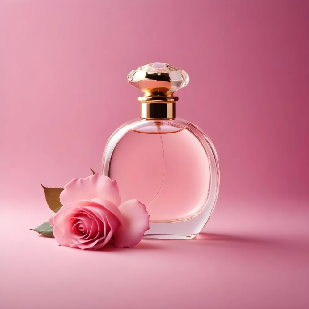 Digital Painting A Perfume Bottle With A Pink Rose On A Pink Background The Bottle Is Made Of Glass And Has A Gold Cap The Rose Is A Light Pink Color Bold And Slim Lines Brush Strokes 3 1390