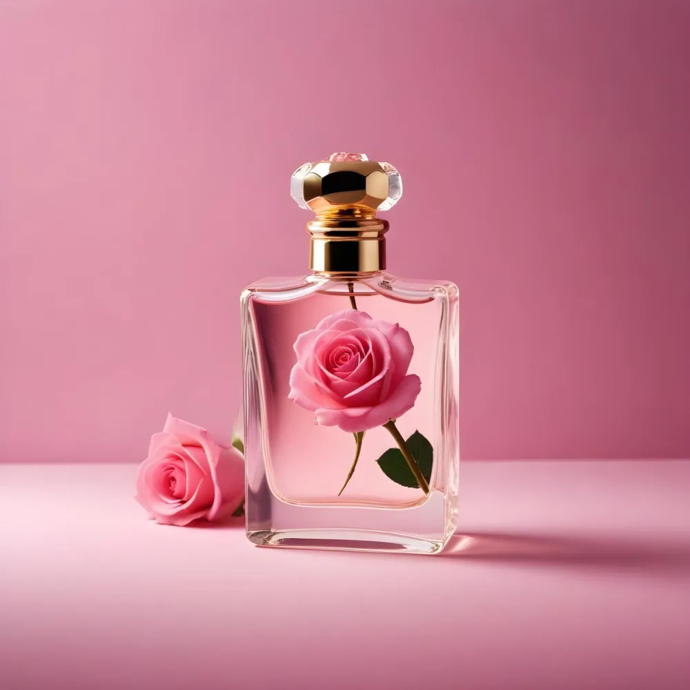 Digital Painting A Perfume Bottle With A Pink Rose On A Pink Background The Bottle Is Made Of Glass And Has A Gold Cap The Rose Is A Light Pink Color Bold And Slim Lines Brush Strokes 31 Bd25