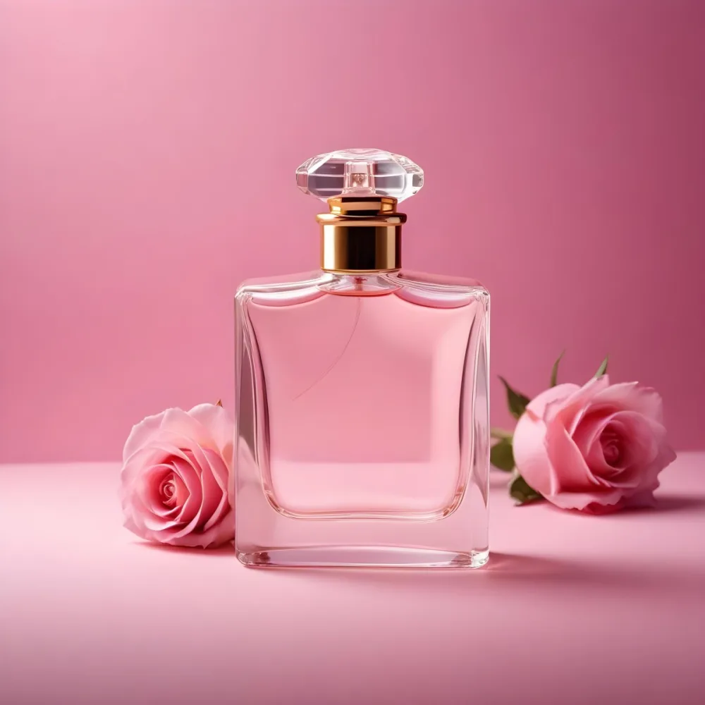 Digital Painting A Perfume Bottle With A Pink Rose On A Pink Background The Bottle Is Made Of Glass And Has A Gold Cap The Rose Is A Light Pink Color Bold And Slim Lines Brush Strokes 5 0a1b
