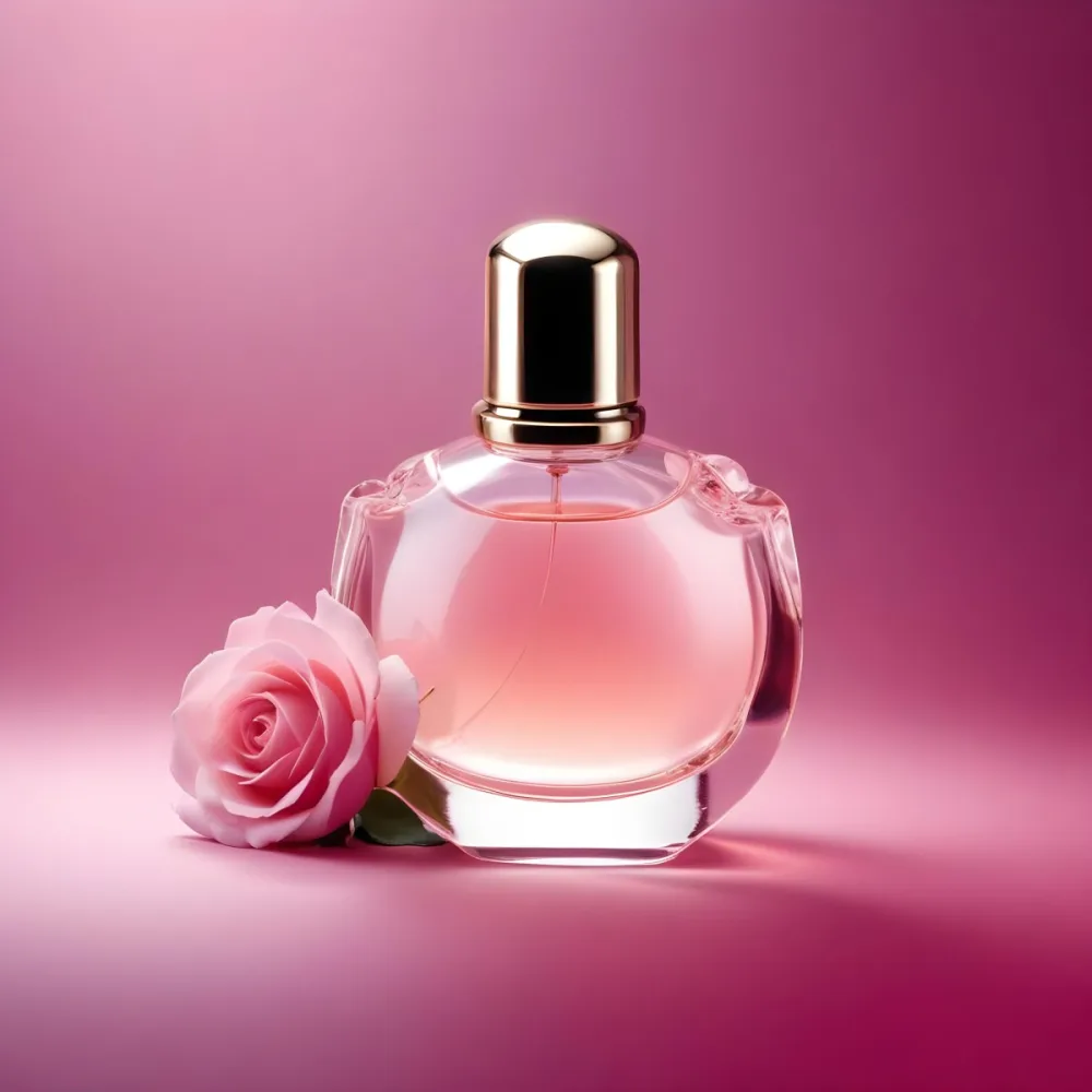 Digital Painting A Perfume Bottle With A Pink Rose On A Pink Background The Bottle Is Made Of Glass And Has A Gold Cap The Rose Is A Light Pink Color Bold And Slim Lines Brush Strokes 6 Ed31