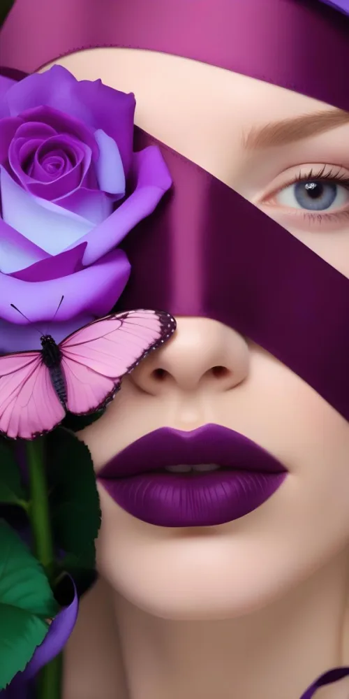 Digital Painting A Person With Pale Skin And A Blindfold Made Of Purple Fabric Covering Their Eyes They Have Vibrant Purple Lips And Are Surrounded By A Purple Rose And A Pink Butterfly The Background Features Green F 3345