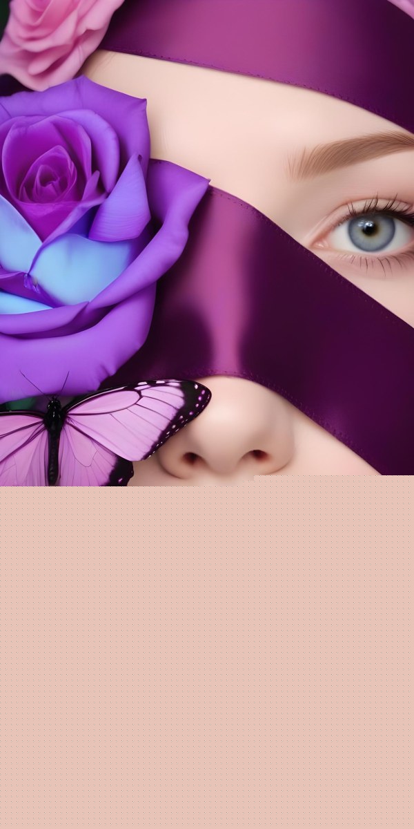 Digital Painting A Person With Pale Skin And A Blindfold Made Of Purple Fabric Covering Their Eyes They Have Vibrant Purple Lips And Are Surrounded By A Purple Rose And A Pink Butterfly The Background Features Green F 5 473e