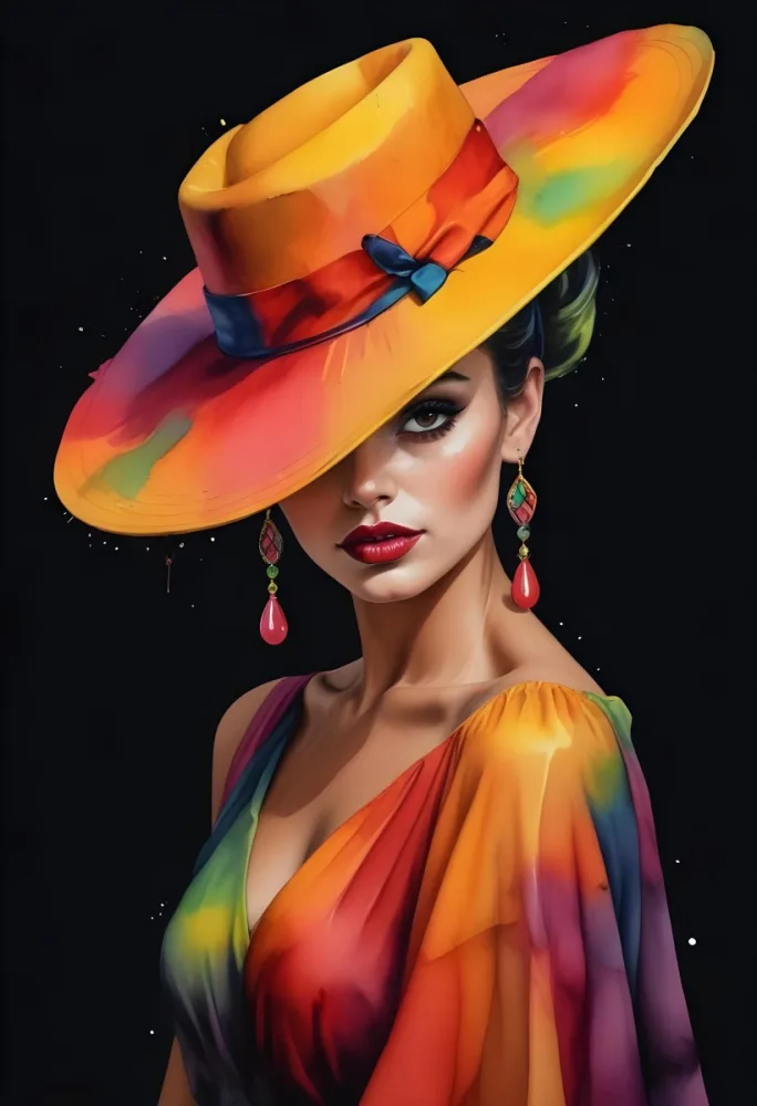 Digital Painting A Tanned Skin Woman Age 30 With A Colorful Hat And Earrings Black Lips Wearing A Colorful Dress In A Black Background Bold And Slim Lines Brush Strokes 1 2baa