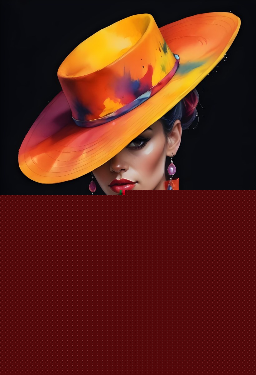Digital Painting A Tanned Skin Woman Age 30 With A Colorful Hat And Earrings Black Lips Wearing A Colorful Dress In A Black Background Bold And Slim Lines Brush Strokes 10 7513