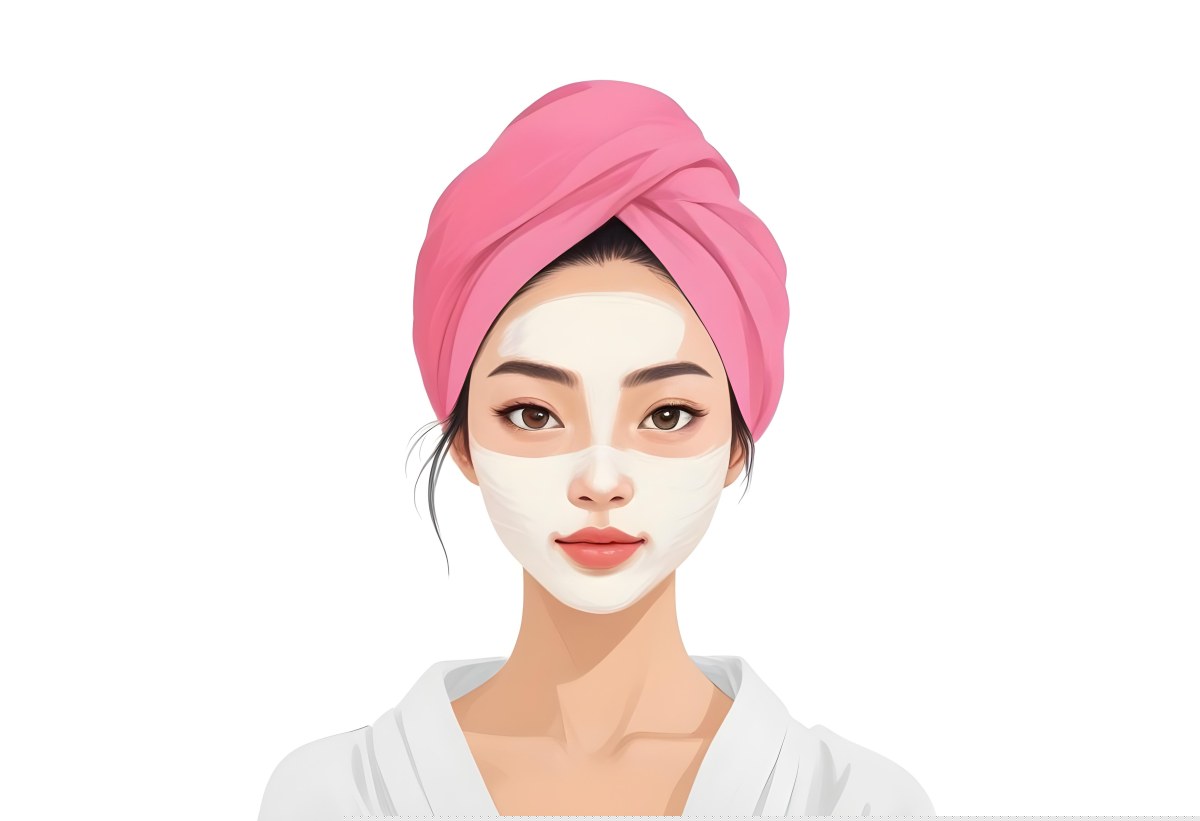Digital Painting A White Skin Asian Woman 25 Years Old With A Pink Towel On Her Head And A Facial Mask In A White Background Bold And Slim Lines Brush Strokes 13 253f