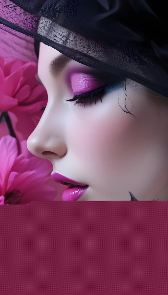 Digital Painting A White Woman 22 Years Old Black Lips And Black Eyeshadow Black Veil Pink Flower In The Foreground Pink Background Bold And Slim Lines Brush Strokes 1 Adfb