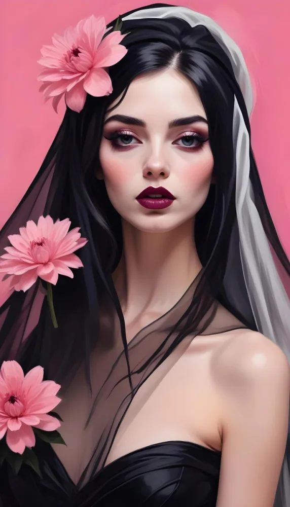 Digital Painting A White Woman 22 Years Old Black Lips And Black Eyeshadow Black Veil Pink Flower In The Foreground Pink Background Bold And Slim Lines Brush Strokes 3 A34a