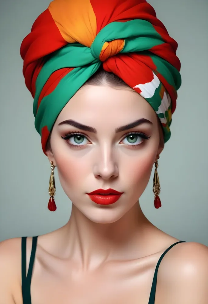 Digital Painting A White Woman 23 Years Old With Green Eyes And Red Lips Wearing A Colorful Turban With A Vibrant Makeup Studio Shot Bold And Slim Lines Brush Strokes 13 99de