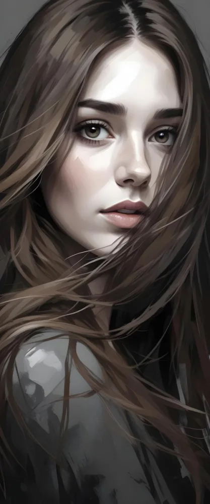 Digital Painting A White Woman 23 Years Old With Long Brown Hair Covering Part Of Her Face In A Grey Background Bold And Slim Lines Brush Strokes 10 24db