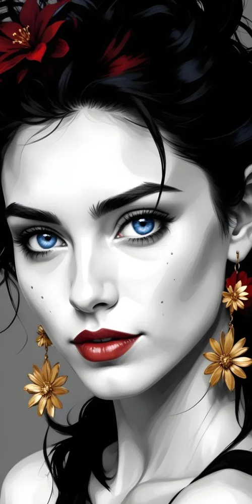 Digital Painting A White Woman 27 Years Old Blue Hair Blue Eyes Red Flower Earrings Golden Earrings Black And White Background Bold And Slim Lines Brush Strokes 20 7cb9