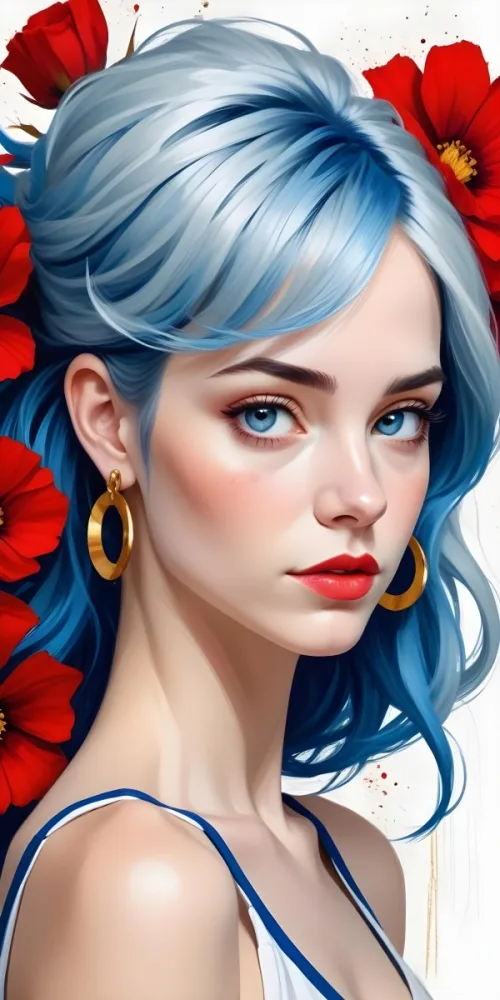 Digital Painting A White Woman 27 Years Old Blue Hair Blue Eyes Red Flower Earrings Golden Earrings Black And White Background Bold And Slim Lines Brush Strokes 25 2680