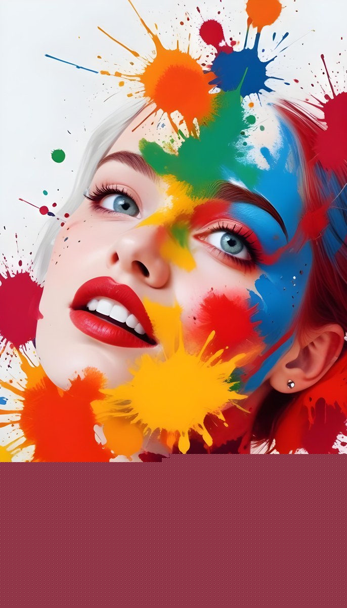 Digital Painting A White Woman Age 25 Looking Up With Colorful Paint Splatters On Her Face Red Lipstick Red Eyeshadow In A White Background Bold And Slim Lines Brush Strokes 14 15ae