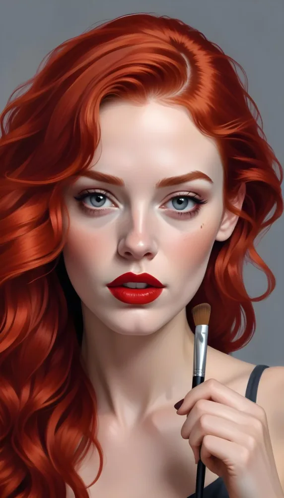 Digital Painting A White Woman Age 25 With Long Wavy Red Hair And Red Lipstick Applying Makeup In A Gray Background Bold And Slim Lines Brush Strokes 8 7de8