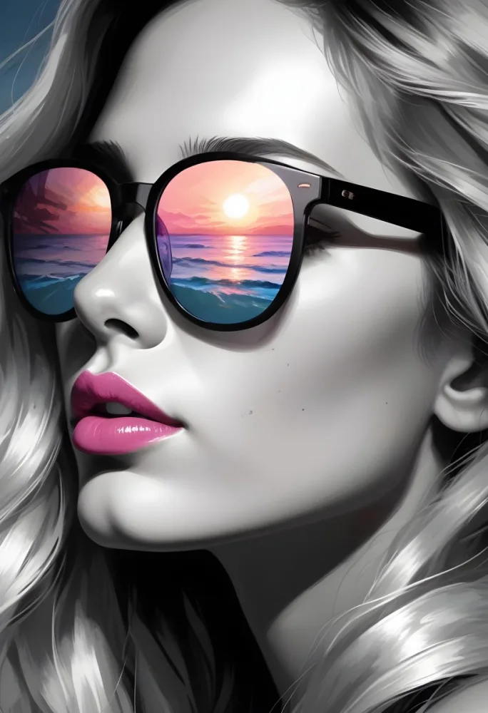 Digital Painting A White Woman Age 25 With Long Wavy White Hair And Pink Lips Wearing Sunglasses Reflecting A Beach Sunset In A White Background Bold And Slim Lines Brush Strokes 1 853c