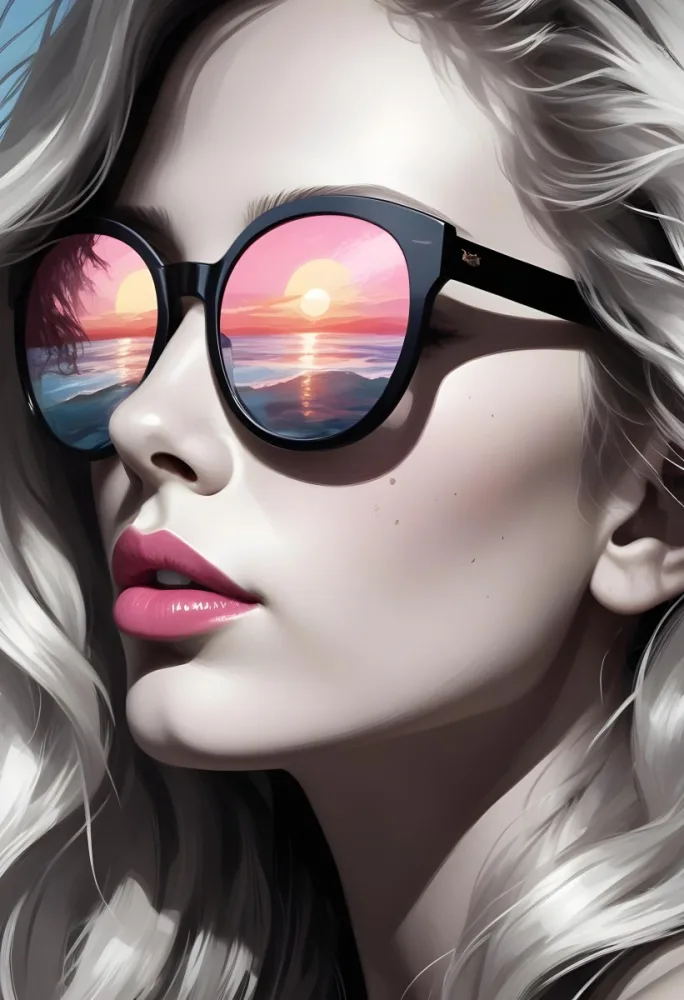 Digital Painting A White Woman Age 25 With Long Wavy White Hair And Pink Lips Wearing Sunglasses Reflecting A Beach Sunset In A White Background Bold And Slim Lines Brush Strokes 10 3220