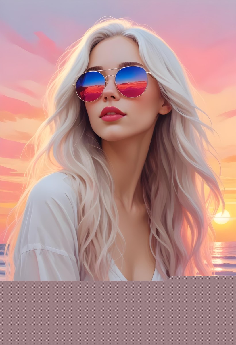 Digital Painting A White Woman Age 25 With Long Wavy White Hair And Pink Lips Wearing Sunglasses Reflecting A Beach Sunset In A White Background Bold And Slim Lines Brush Strokes 20 6220