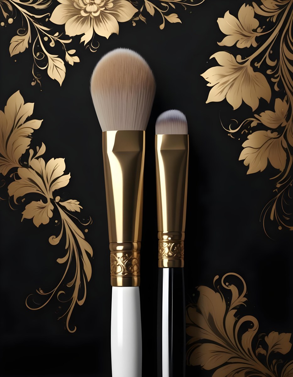 Digital Painting A Golden Makeup Brush With A White Ring And A Golden Handle With Black Floral Ornaments On A Black Background Bold And Slim Lines Brush Strokes 11 Ae47