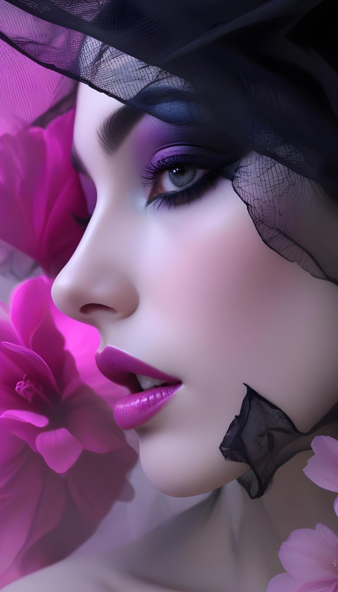 Digital Painting A White Woman 22 Years Old Black Lips And Black Eyeshadow Black Veil Pink Flower In The Foreground Pink Background Bold And Slim Lines Brush Strokes 10 7d88
