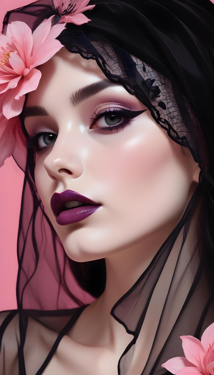 Digital Painting A White Woman 22 Years Old Black Lips And Black Eyeshadow Black Veil Pink Flower In The Foreground Pink Background Bold And Slim Lines Brush Strokes 13 02e8