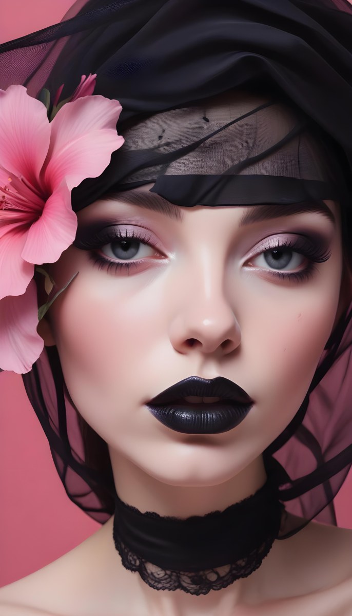 Digital Painting A White Woman 22 Years Old Black Lips And Black Eyeshadow Black Veil Pink Flower In The Foreground Pink Background Bold And Slim Lines Brush Strokes 16 9094