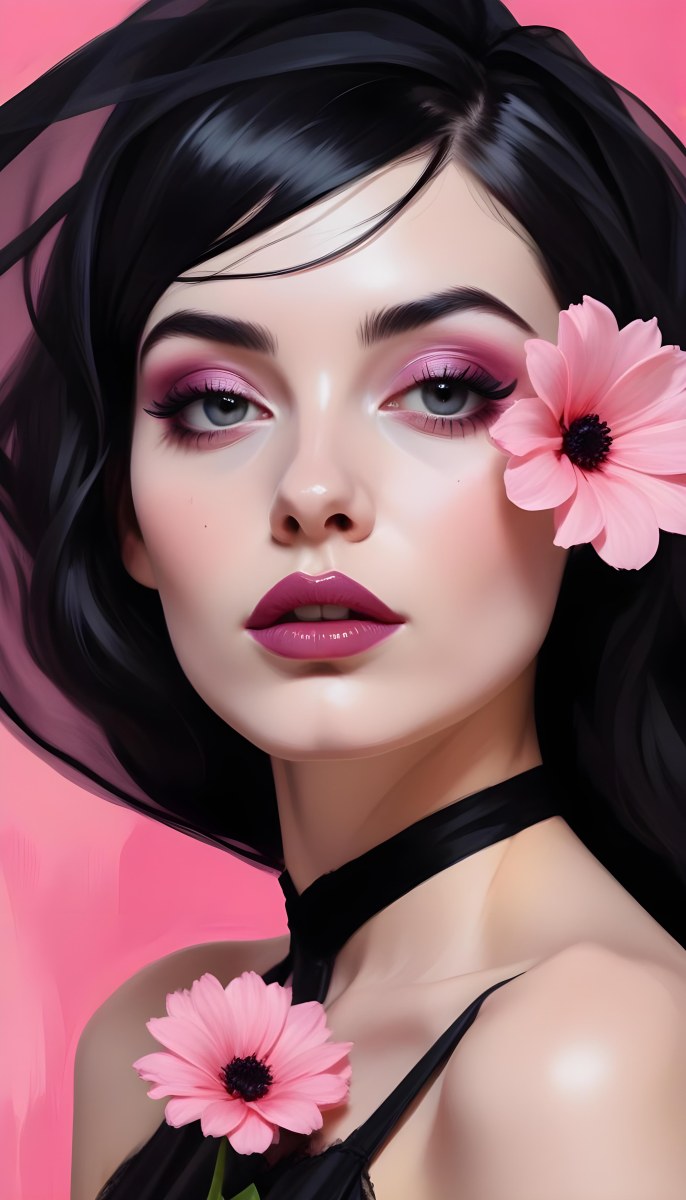 Digital Painting A White Woman 22 Years Old Black Lips And Black Eyeshadow Black Veil Pink Flower In The Foreground Pink Background Bold And Slim Lines Brush Strokes 23 E01f