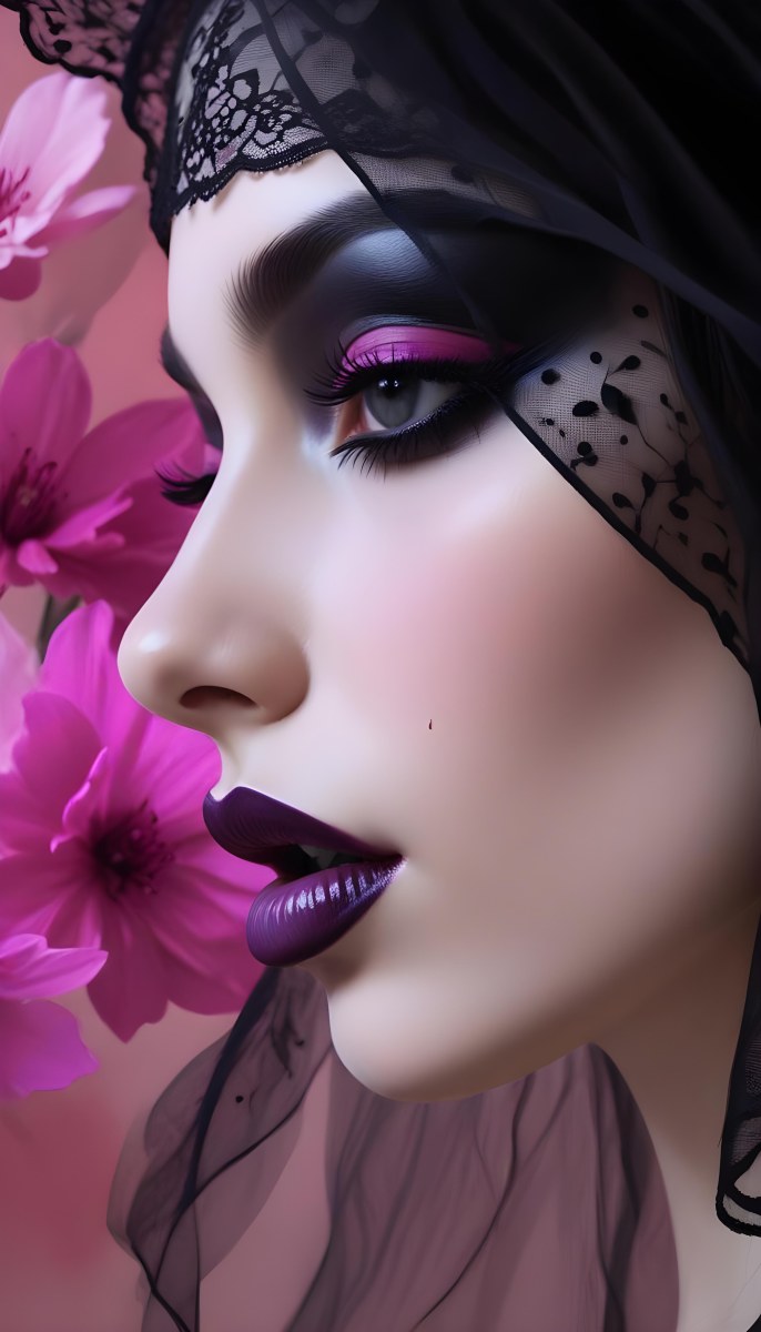 Digital Painting A White Woman 22 Years Old Black Lips And Black Eyeshadow Black Veil Pink Flower In The Foreground Pink Background Bold And Slim Lines Brush Strokes 25 1df5