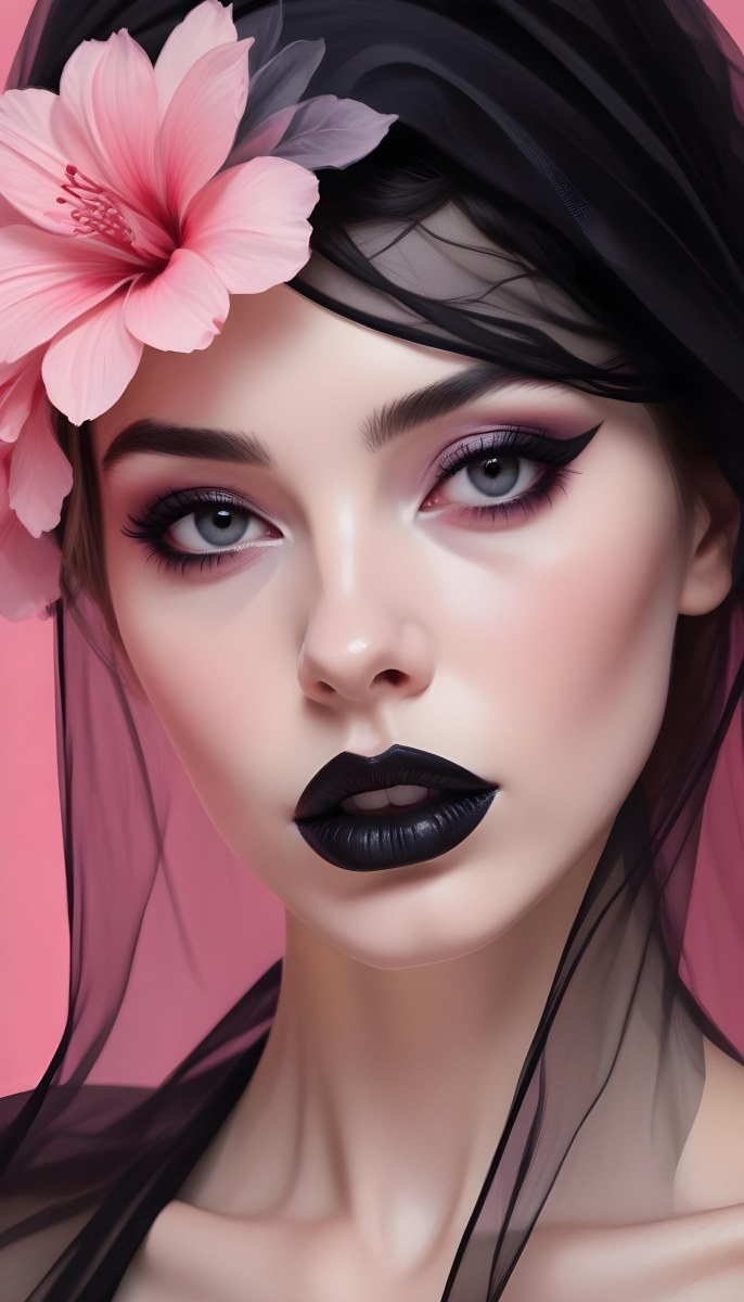 Digital Painting A White Woman 22 Years Old Black Lips And Black Eyeshadow Black Veil Pink Flower In The Foreground Pink Background Bold And Slim Lines Brush Strokes 5 7474