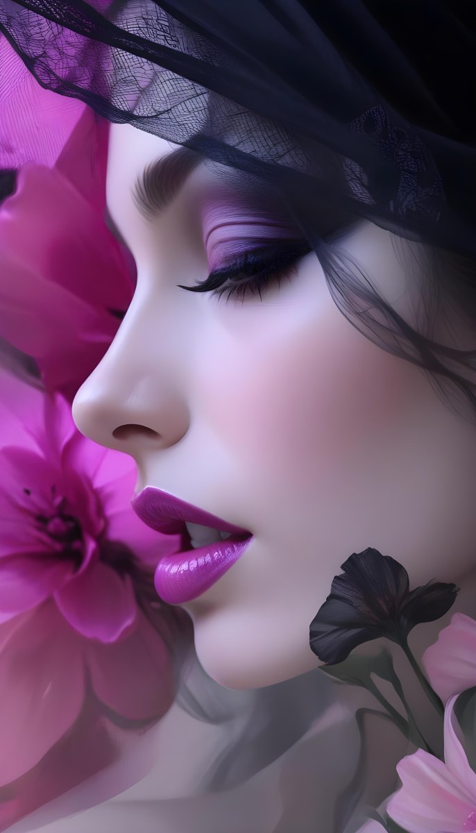 Digital Painting A White Woman 22 Years Old Black Lips And Black Eyeshadow Black Veil Pink Flower In The Foreground Pink Background Bold And Slim Lines Brush Strokes 8 1d5c