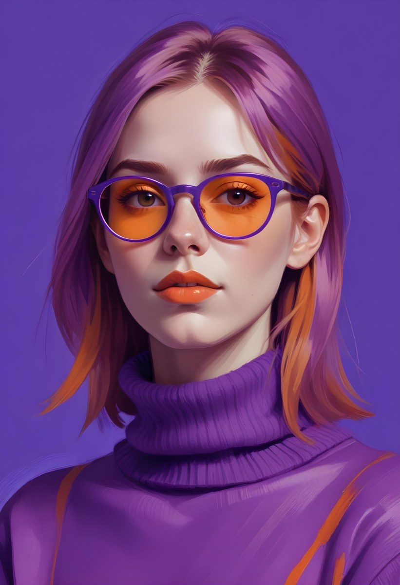 Digital Painting A White Woman 23 Years Old With Orange Hair And Purple Turtleneck Sweater Wearing Purple Glasses With Orange Lenses In A Purple Background Bold And Slim Lines Brush Strokes 6 F5d8