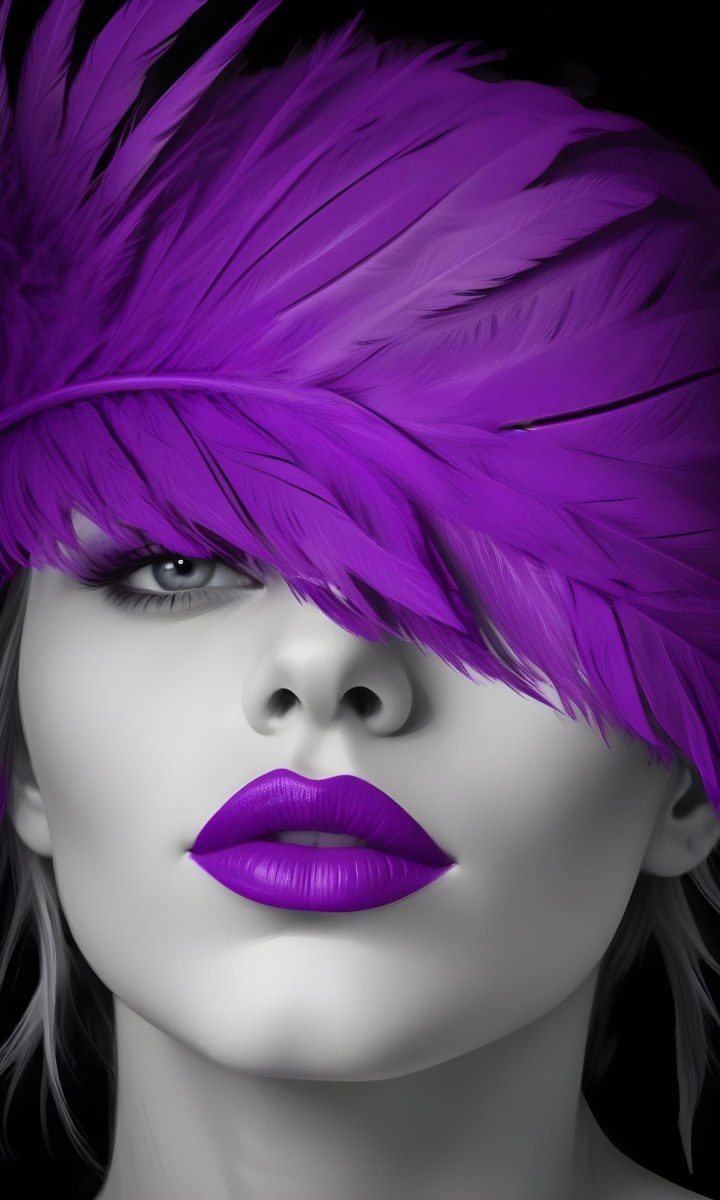 Digital Painting A White Woman 25 Years Old With Purple Lips And A Purple Feather Hat Black And White Face Gray Background Bold And Slim Lines Brush Strokes 11 7fe6